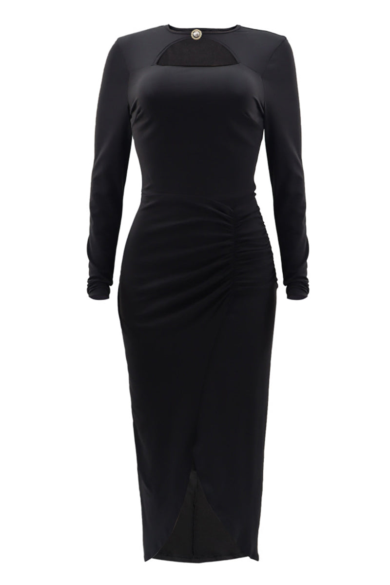 Casual Solid Hollowed Out Slit O Neck Long Sleeve Dresses(3 Colors)