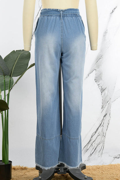 Casual Solid Bandage Patchwork High Waist Straight Denim Jeans(2 Colors)