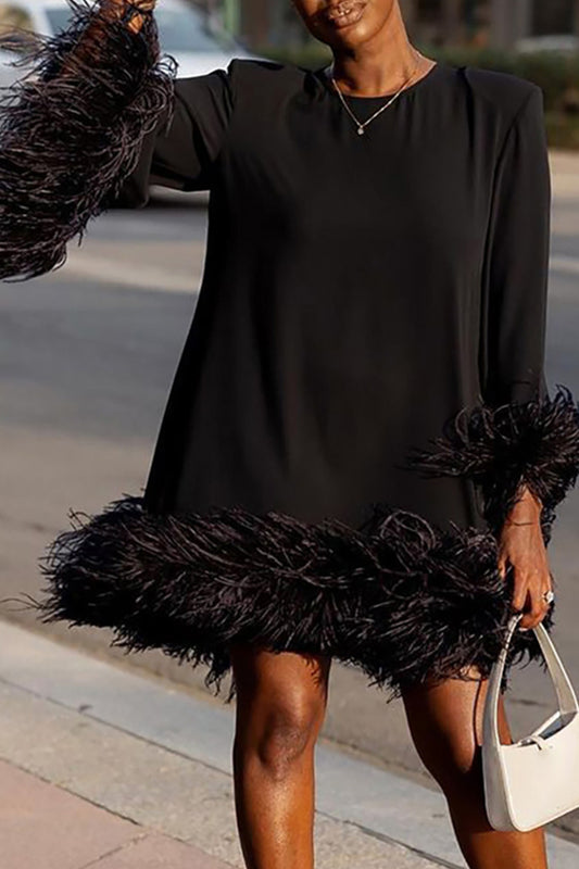 Street Solid Patchwork Feathers O Neck Straight Dresses