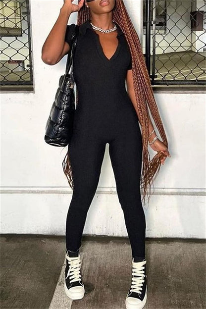 Casual Solid Basic V Neck Skinny Jumpsuits