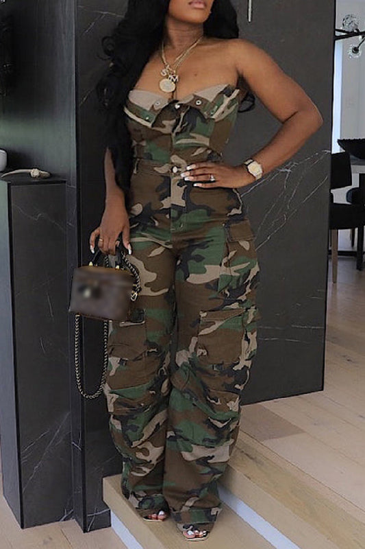 Casual Camouflage Print Buttons Backless Strapless Jumpsuits