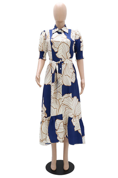 Casual Print Asymmetrical Turndown Collar Long Dress Dresses