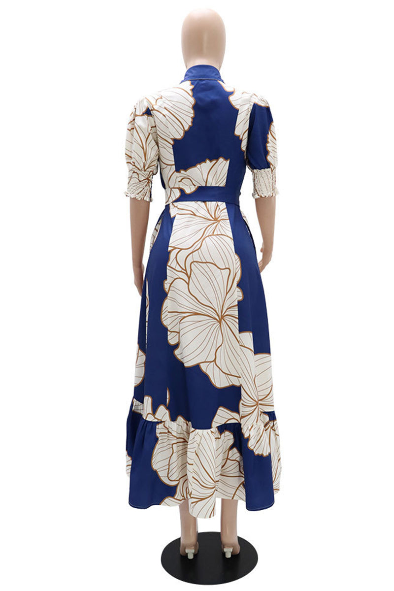 Casual Print Asymmetrical Turndown Collar Long Dress Dresses