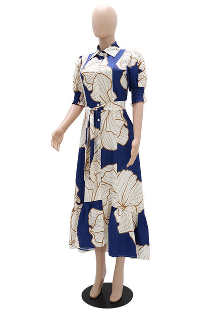 Casual Print Asymmetrical Turndown Collar Long Dress Dresses