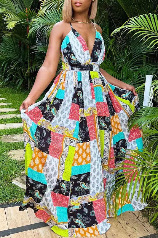 Sexy Casual Print Backless Spaghetti Strap Long Dress