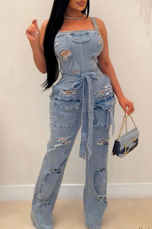 Casual Solid Ripped Backless With Belt Spaghetti Strap Sleeveless Regular Denim Jumpsuits