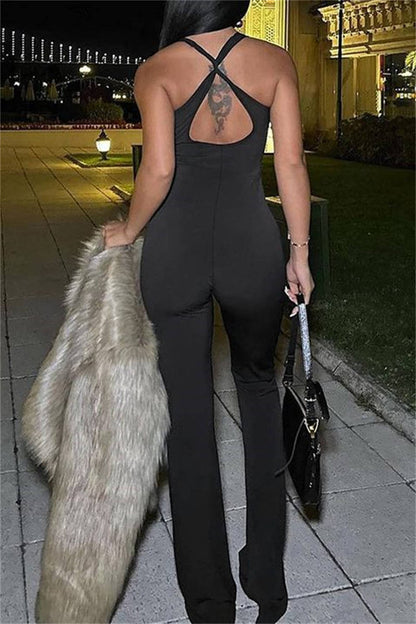 Sexy Casual Solid Backless U Neck Skinny Jumpsuits