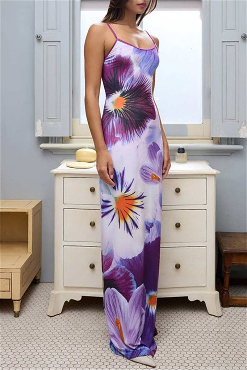 Casual Print Backless Spaghetti Strap Long Dresses