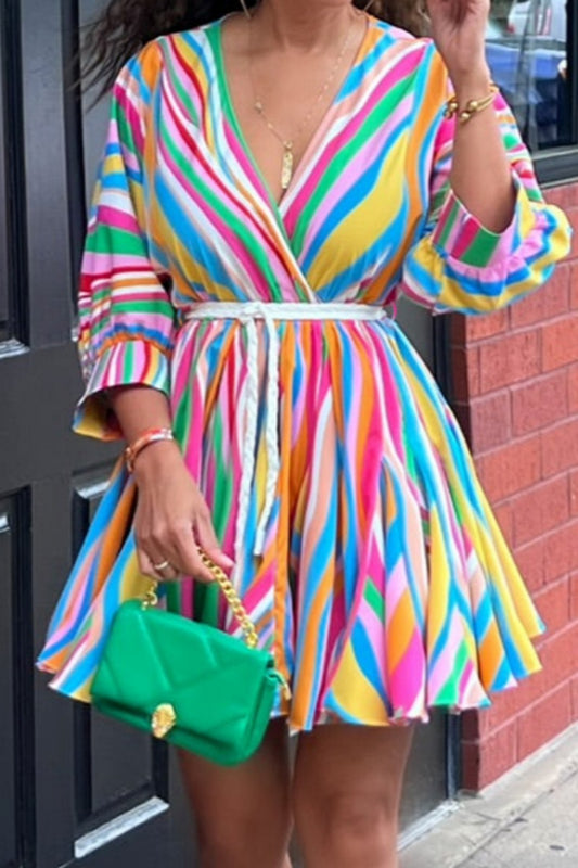 Casual Striped Print With Belt V Neck A Line Dresses