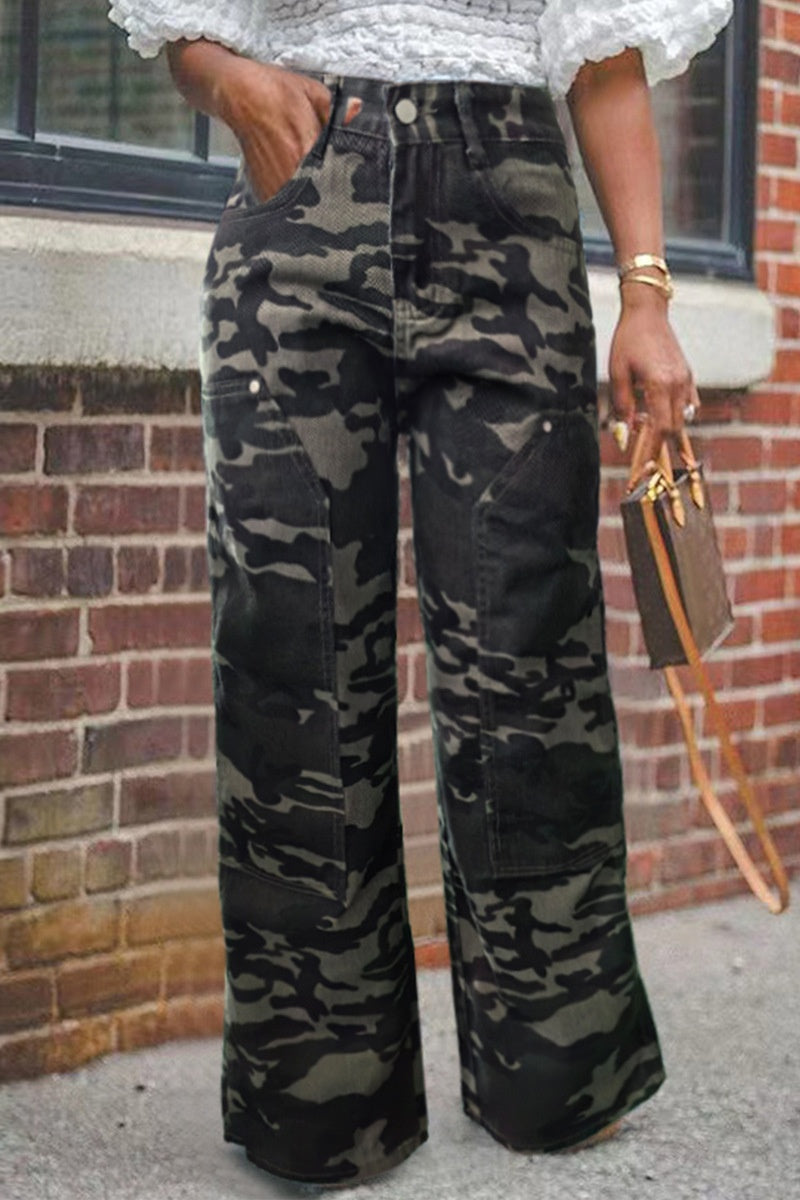 Casual Camouflage Print Patchwork Pocket High Waist Regular Denim Jeans
