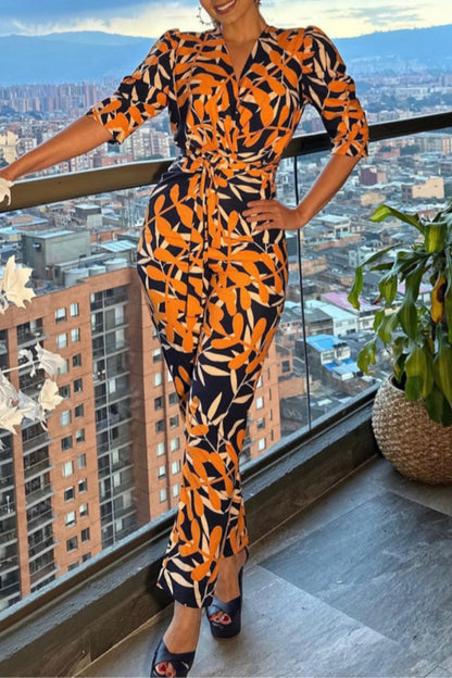 Casual Print Patchwork V Neck Skinny Jumpsuits