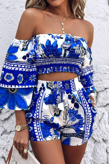 Casual Print Backless Off the Shoulder Three Quarter Two Pieces