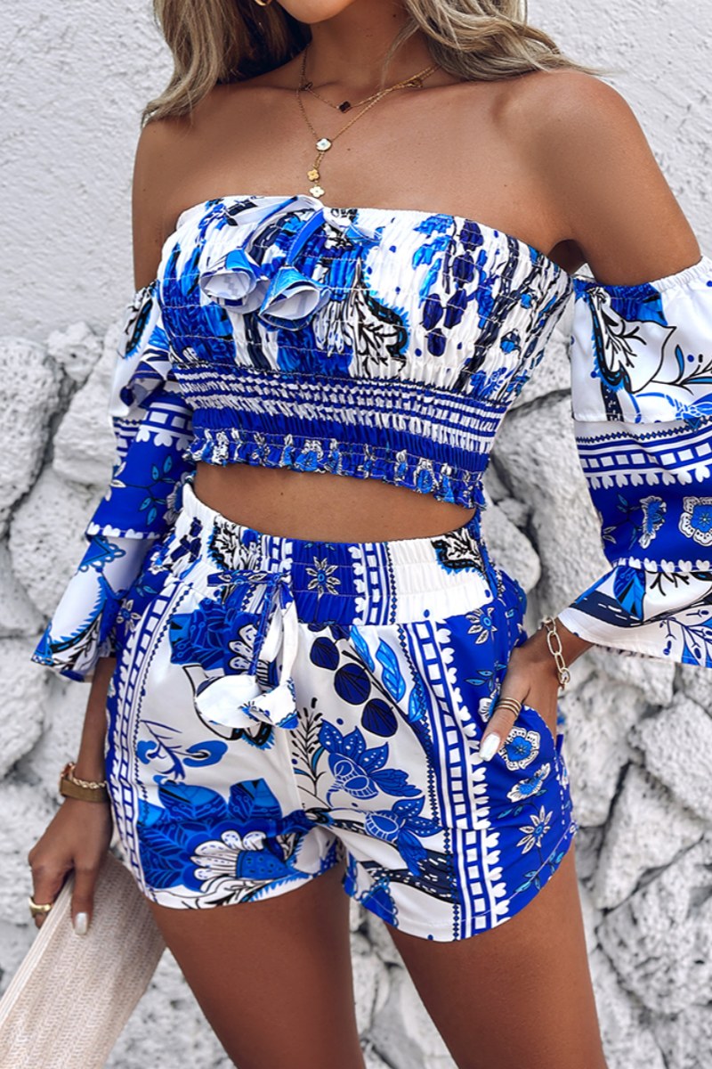 Casual Print Backless Off the Shoulder Three Quarter Two Pieces