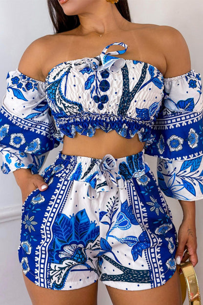 Casual Print Backless Off the Shoulder Three Quarter Two Pieces