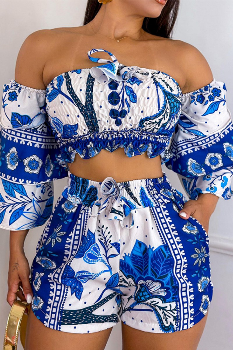 Casual Print Backless Off the Shoulder Three Quarter Two Pieces