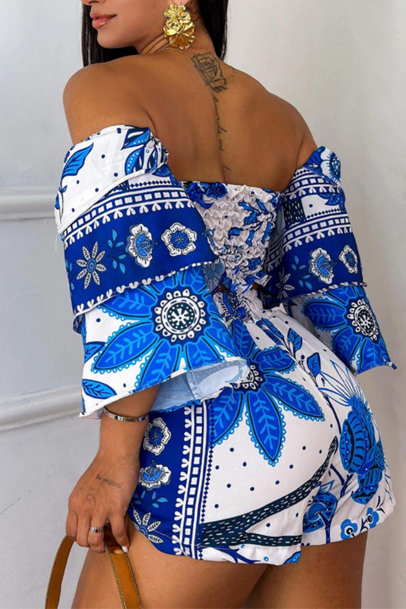 Casual Print Backless Off the Shoulder Three Quarter Two Pieces