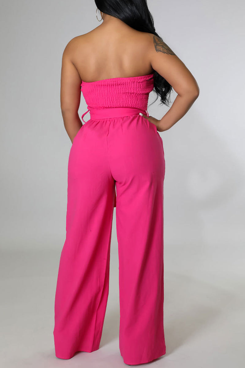 Casual Solid Bandage Patchwork Pocket Strapless Regular Jumpsuits