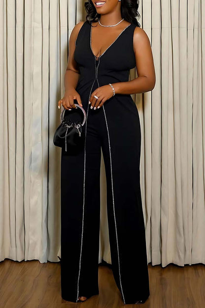 Casual Solid Patchwork V Neck Regular Jumpsuits