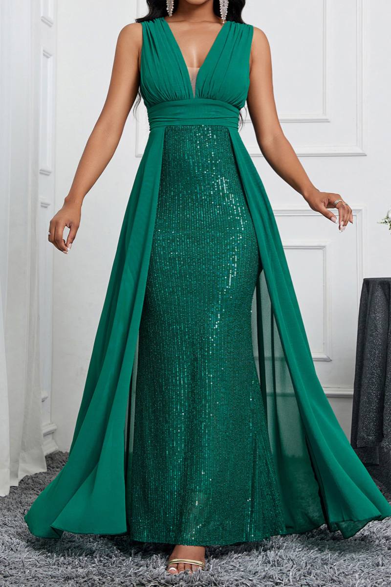 Sexy Formal Patchwork Sequins V Neck Long Dresses