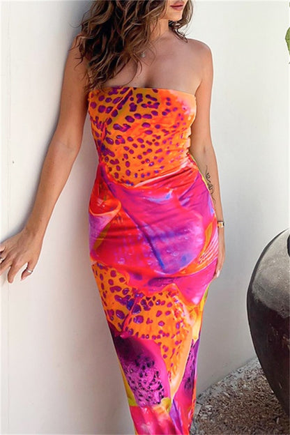 Sexy Casual Print Backless Strapless Long Dresses