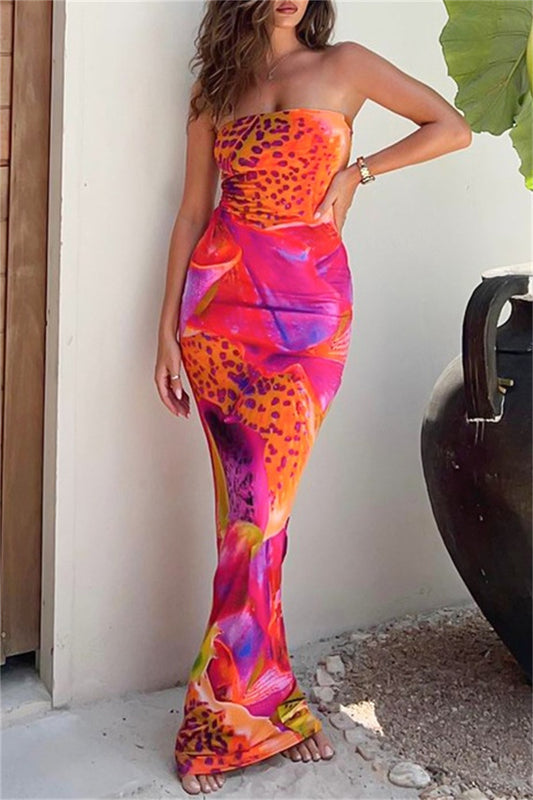 Sexy Casual Print Backless Strapless Long Dresses