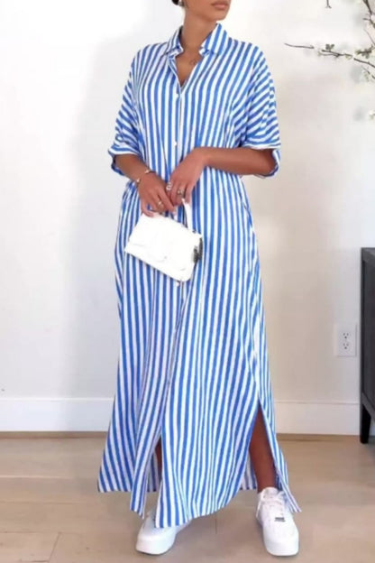 Casual Striped Print Patchwork Slit Turndown Collar Shirt Dresses