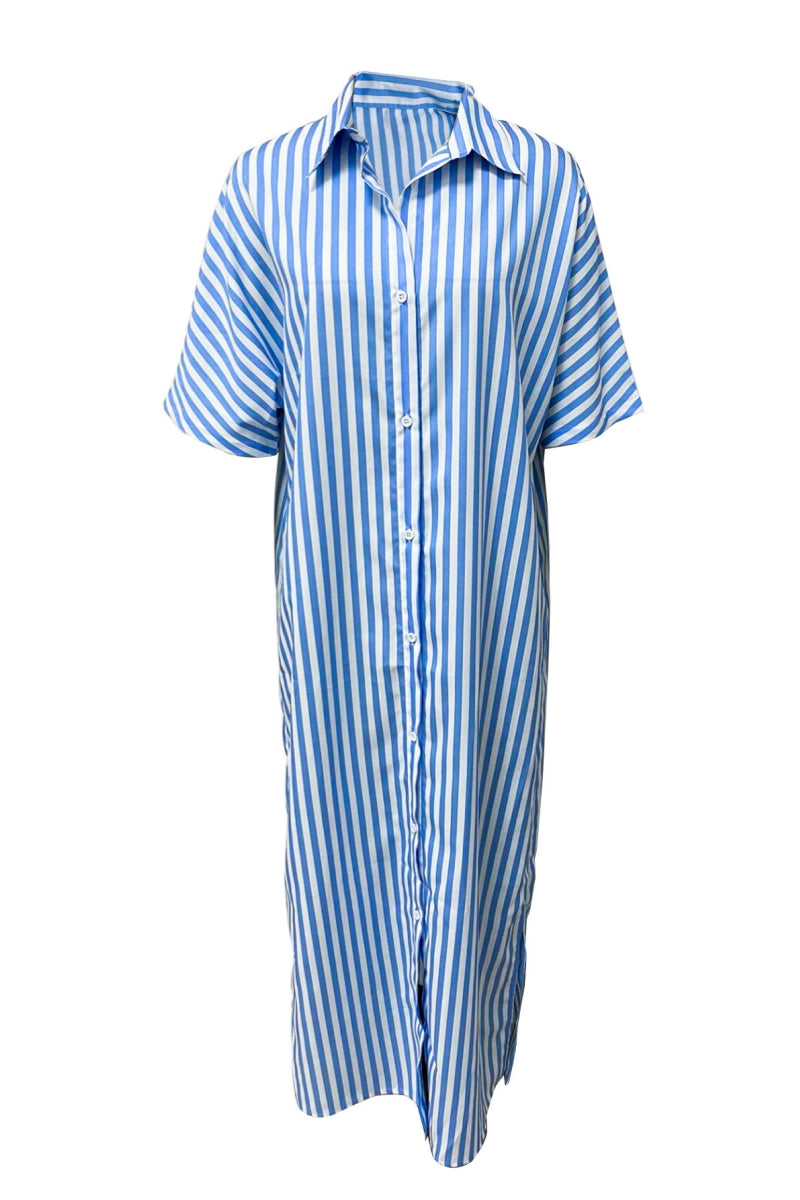 Casual Striped Print Patchwork Slit Turndown Collar Shirt Dresses