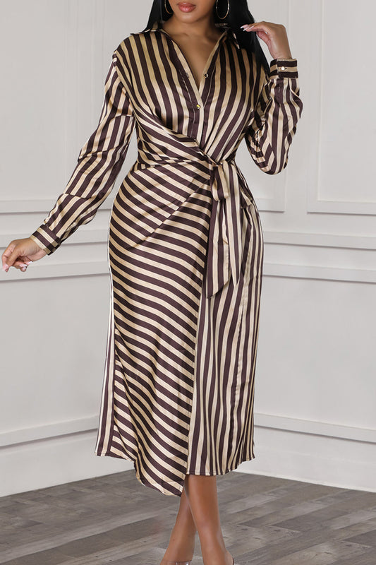 Elegant Striped Bandage Patchwork Buckle Turndown Collar Long Dresses