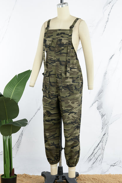 Casual Camouflage Print Patchwork Spaghetti Strap Regular Jumpsuits