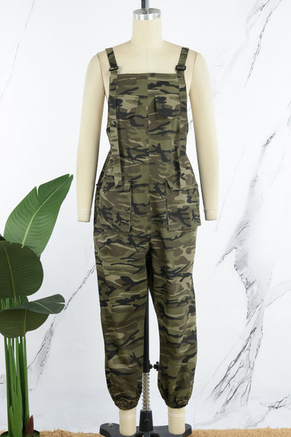 Casual Camouflage Print Patchwork Spaghetti Strap Regular Jumpsuits