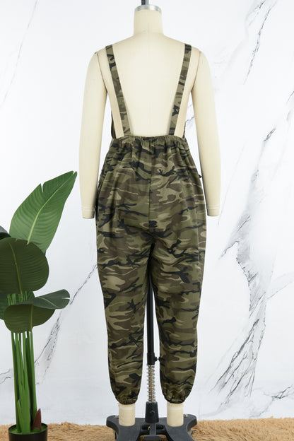 Casual Camouflage Print Patchwork Spaghetti Strap Regular Jumpsuits