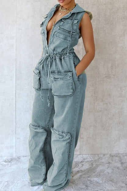 Vintage Solid Patchwork Draw String Pocket Zipper Zipper Collar Sleeveless High Waist Loose Denim Jumpsuits