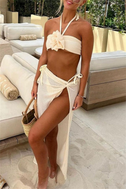 Sexy Solid Bandage Backless Slit Halter Sleeveless Three Piece Set