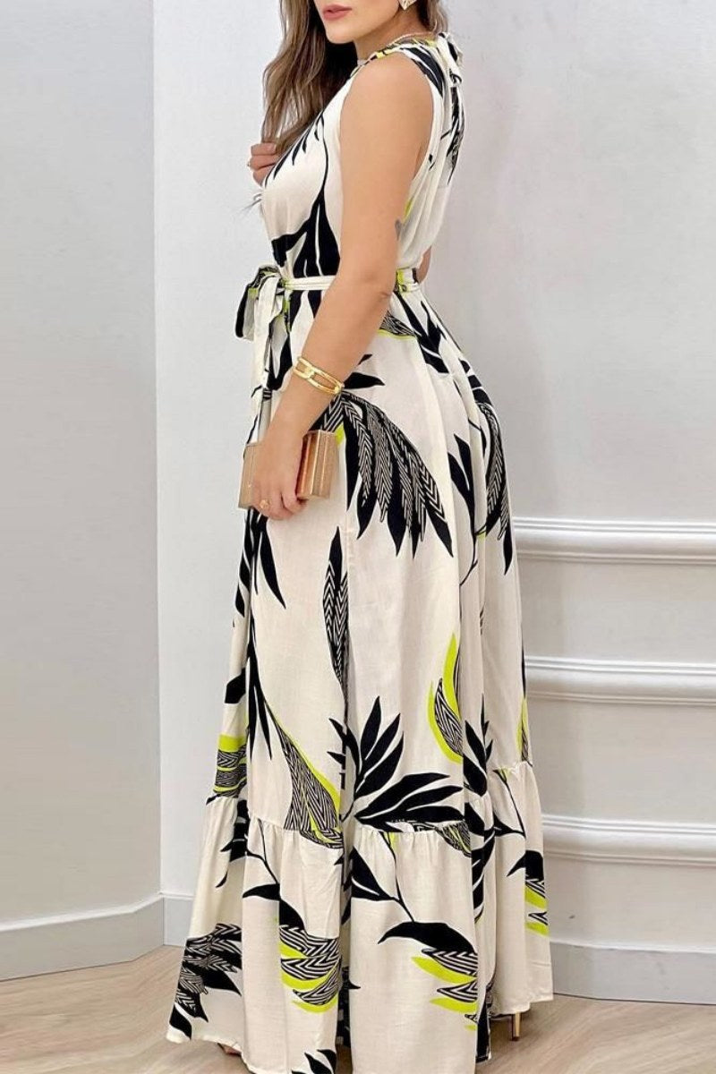 Casual Print Frenulum O Neck Long Dresses