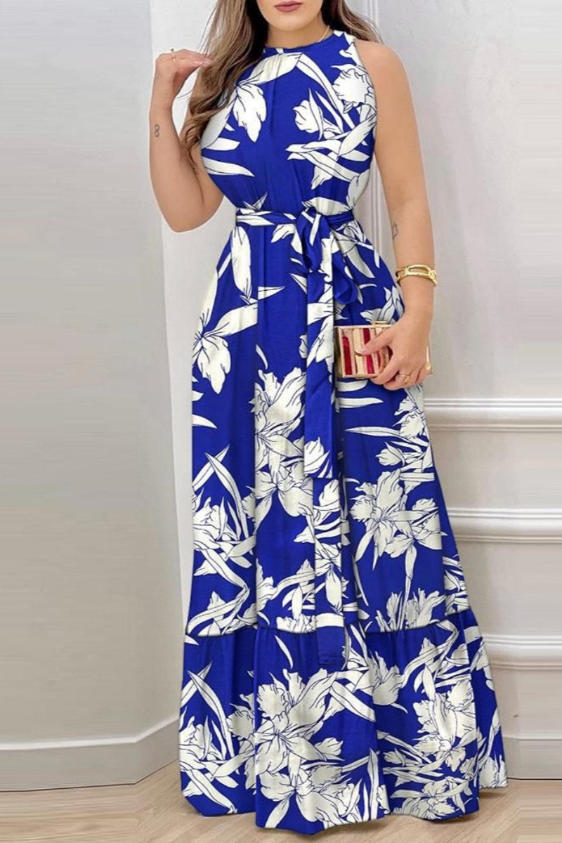 Casual Print Frenulum O Neck Long Dresses