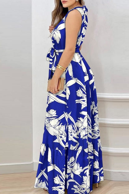 Casual Print Frenulum O Neck Long Dresses