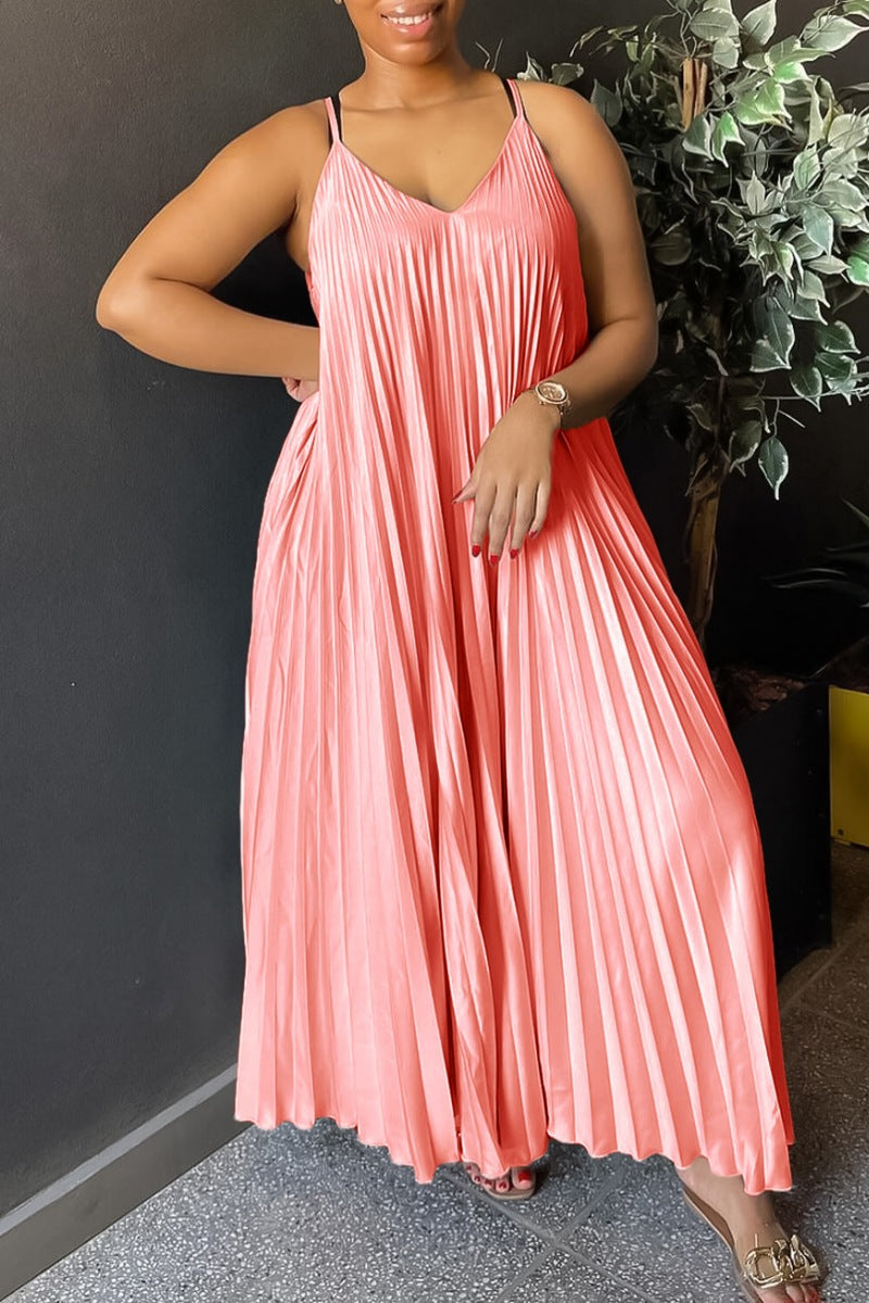 Sexy Casual Solid Color Backless Ruched Spaghetti Strap Long Dresses(4 Colors)