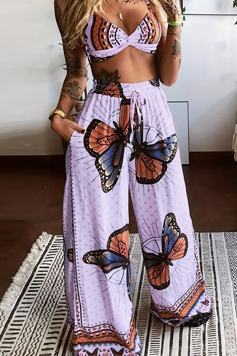 Sexy Casual Butterfly Print Backless Spaghetti Strap Sleeveless Two Pieces(5 Colors)