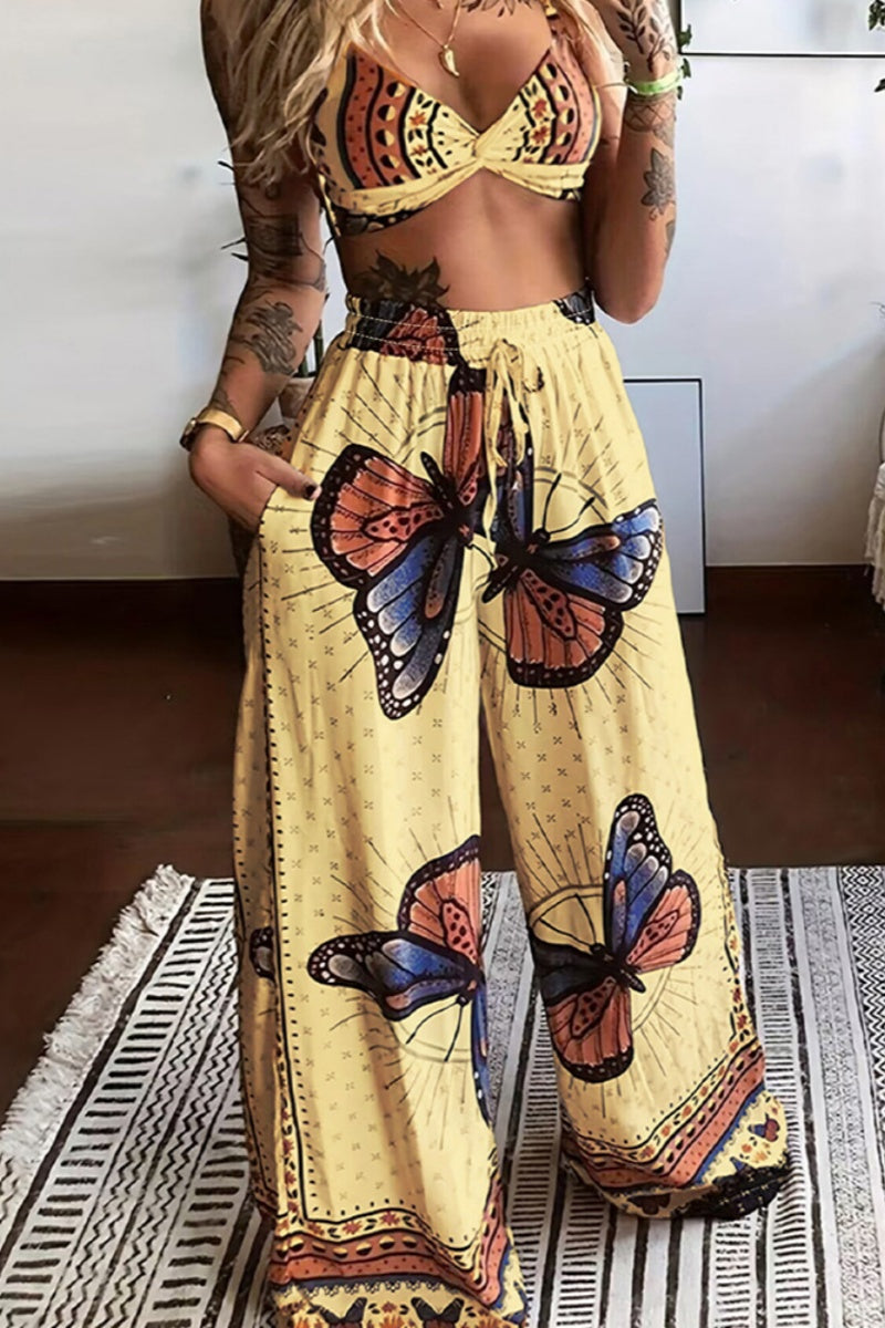 Sexy Casual Butterfly Print Backless Spaghetti Strap Sleeveless Two Pieces(5 Colors)