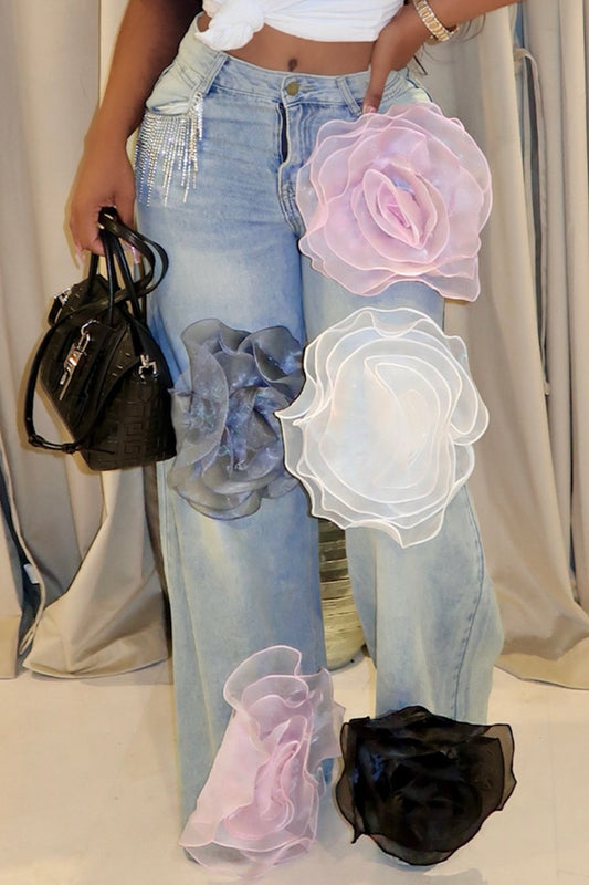 Casual Daily Flowers Patchwork Mid Waist Straight Denim Jeans