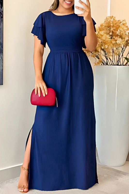 Casual Solid Color Slit O Neck Long Dresses