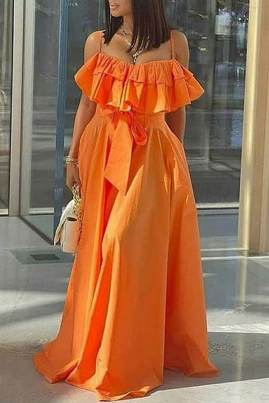 Casual Solid Color Patchwork Backless Spaghetti Strap Long Dresses