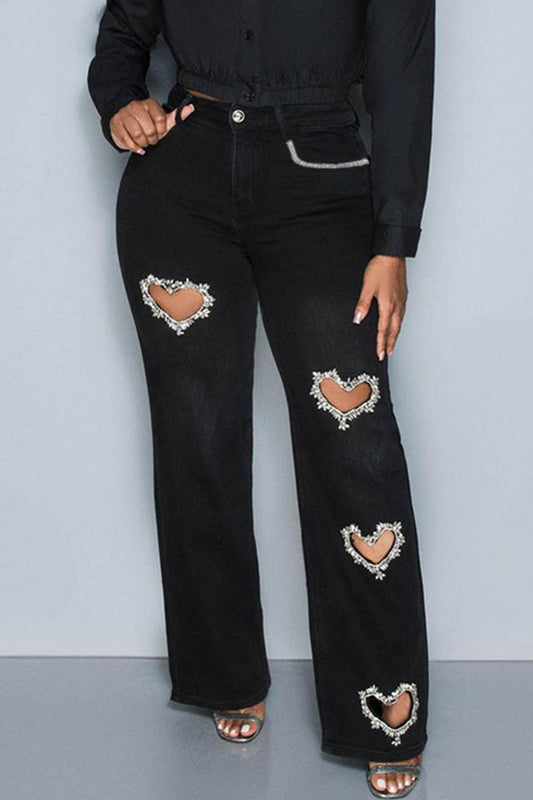 Street Heart Shaped Hollow Out Buttons Patchwork Zipper Mid Waist Denim Jeans