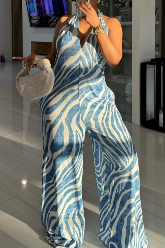 Sexy Casual Print Backless Belted Halter Regular Jumpsuits