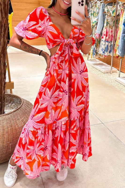 Casual Vacation Floral Print Hollow Out Deep V Neck Long Dresses