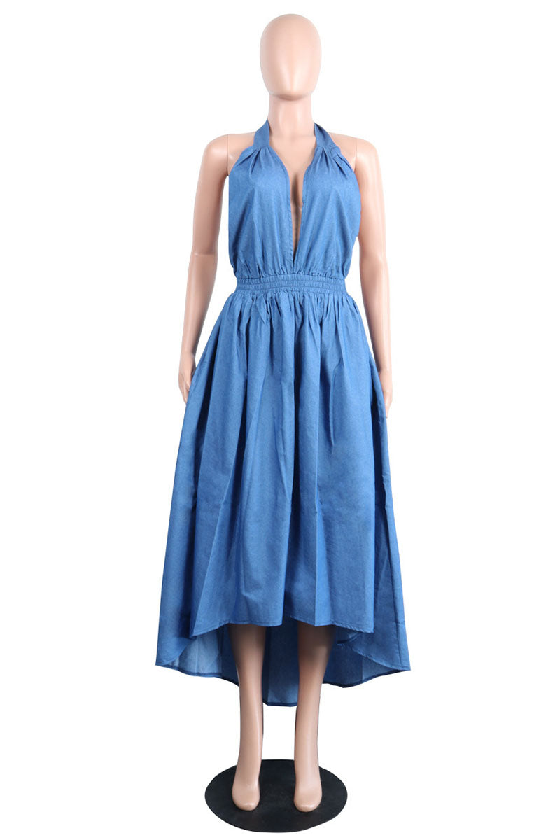 Sexy Casual Solid Color Backless Belted Halter Sleeveless Fitted Denim Dresses