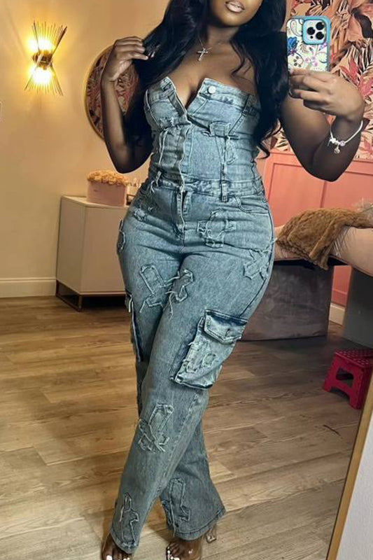 Sexy Pocket Buckle Patchwork Strapless Sleeveless Regular Denim Jumpsuits