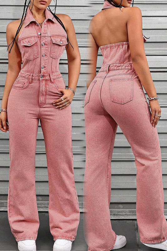 Casual Solid Color Pocket Buckle Patchwork Zipper Turndown Collar Sleeveless Regular Denim Jumpsuits