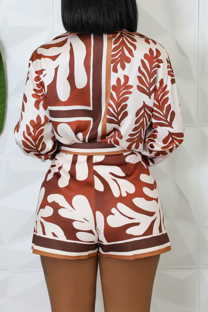 Sexy Print Pocket Buckle Buttons Patchwork Turndown Collar Long Sleeve Two Pieces