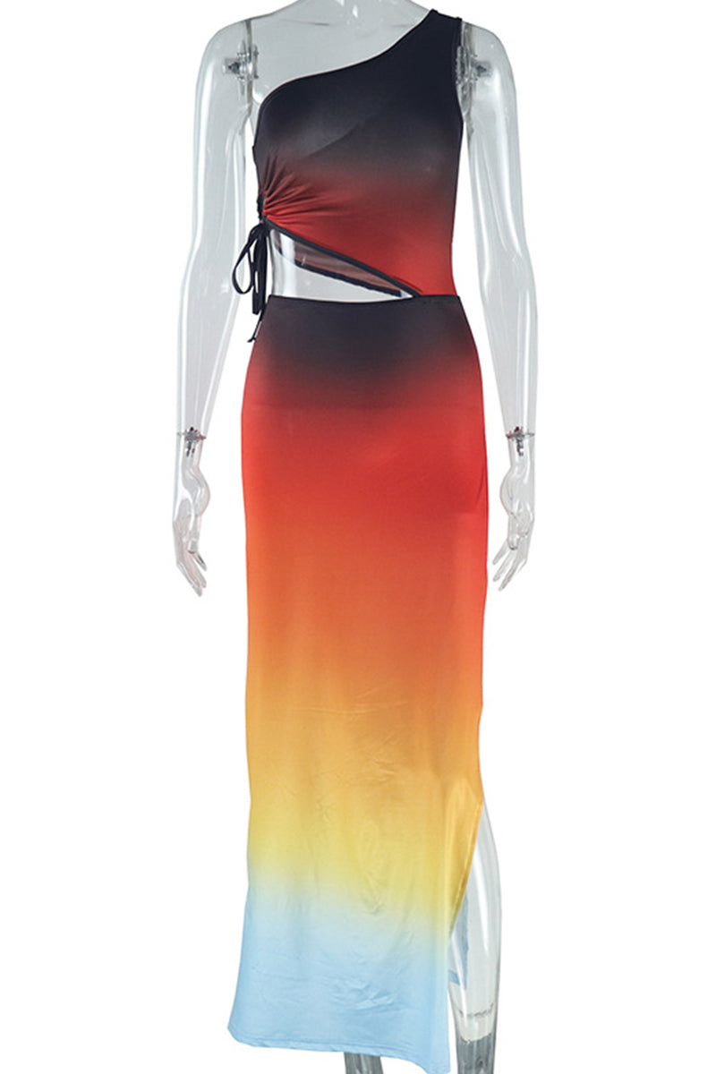 Elegant Gradient Color Patchwork Backless High Slit Strap Design Oblique Collar Sleeveless Two Pieces